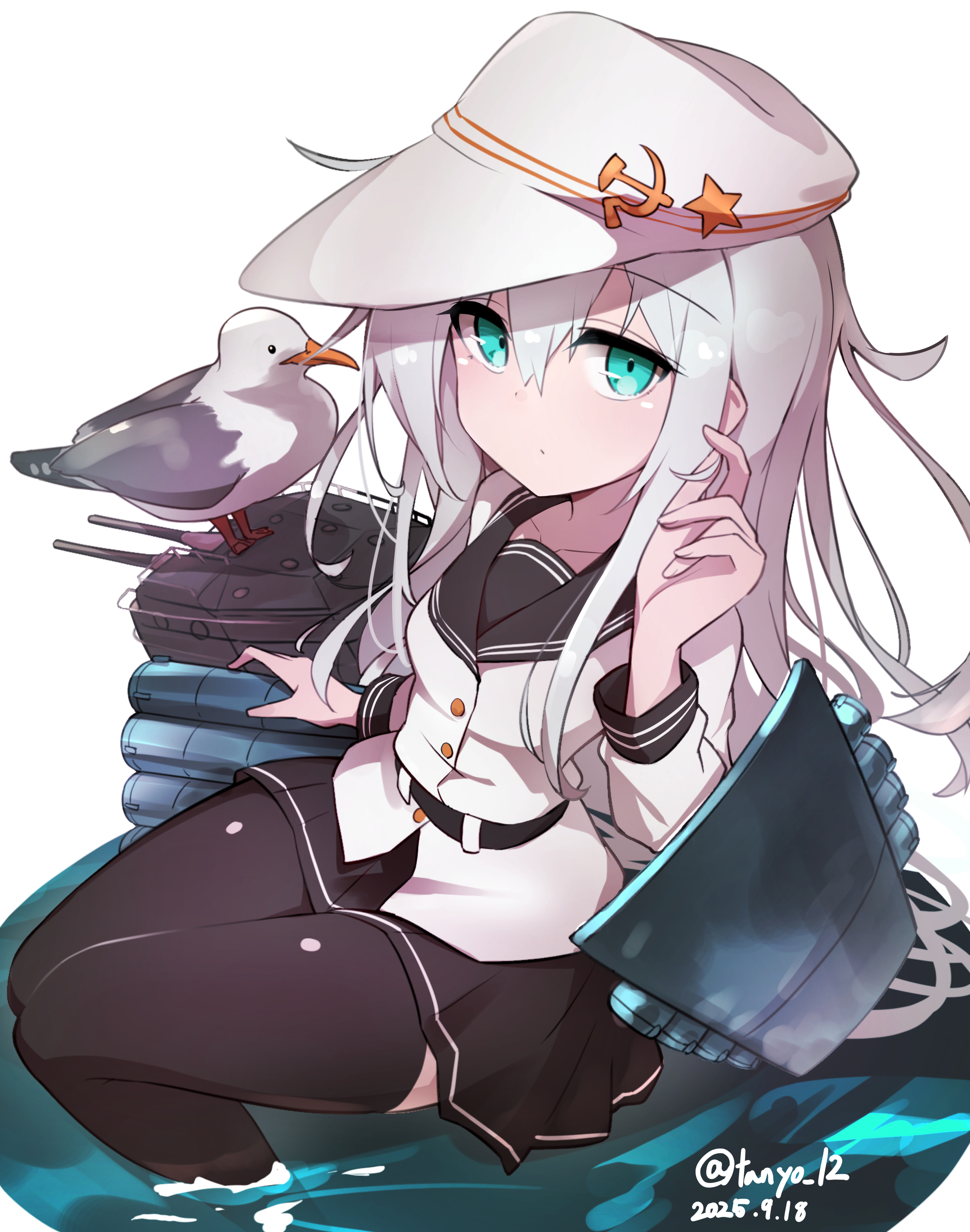 tanyou, hibiki (kancolle), verniy (kancolle), kantai collection, absurdres, commentary request, highres, 1girl, aqua eyes, belt, bird, black belt, black sailor collar, black skirt, black thighhighs, dated, flat cap, grey hair, hair between eyes, hammer and sickle, hat, long hair, long sleeves, looking at viewer, pleated skirt, rigging, sailor collar, seagull, shirt, simple background, skirt, solo, thighhighs, twitter username, white background, white hat, white shirt