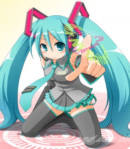 earth ekami, hatsune miku, vocaloid, 1girl, aqua hair, female focus, kneeling, long hair, necktie, solo, thighhighs, twintails, very long hair, zettai ryouiki