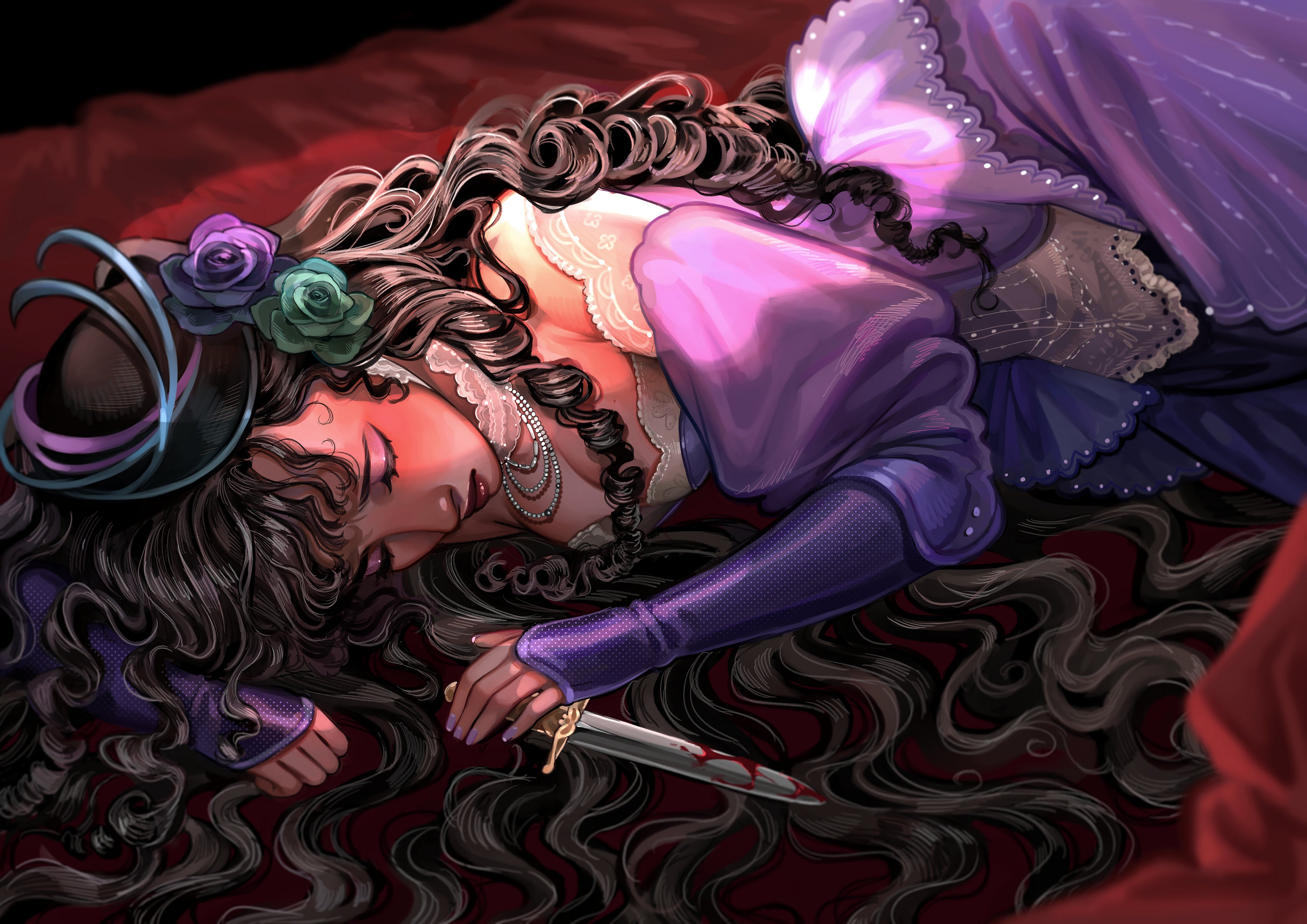 ine (inebyoonei), isolde (reverse:1999), reverse:1999, absurdres, highres, 1girl, black flower, black hair, black hat, blood, bloody weapon, breasts, cleavage, closed eyes, dagger, dress, flower, gown, hair spread out, hat, hat flower, holding, holding dagger, holding knife, holding weapon, juliet sleeves, knife, long hair, long sleeves, lying, medium breasts, puffy sleeves, purple dress, purple flower, purple nails, red carpet, solo, stow-on-side, upper body, very long hair, weapon
