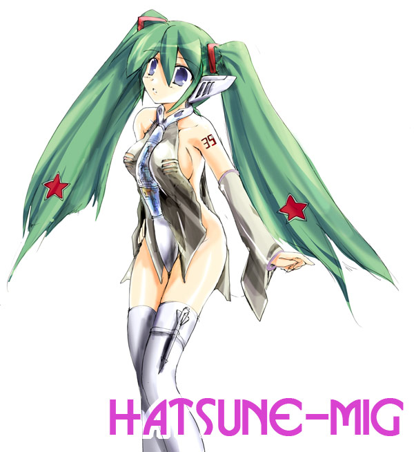 hatsune miku, mig-29, vocaloid, bad id, bad pixiv id, 1girl, bottomless, breasts, detached sleeves, female focus, green hair, long hair, mecha musume, military, necktie, pun, revealing clothes, sideboob, solo, thighhighs, twintails, very long hair