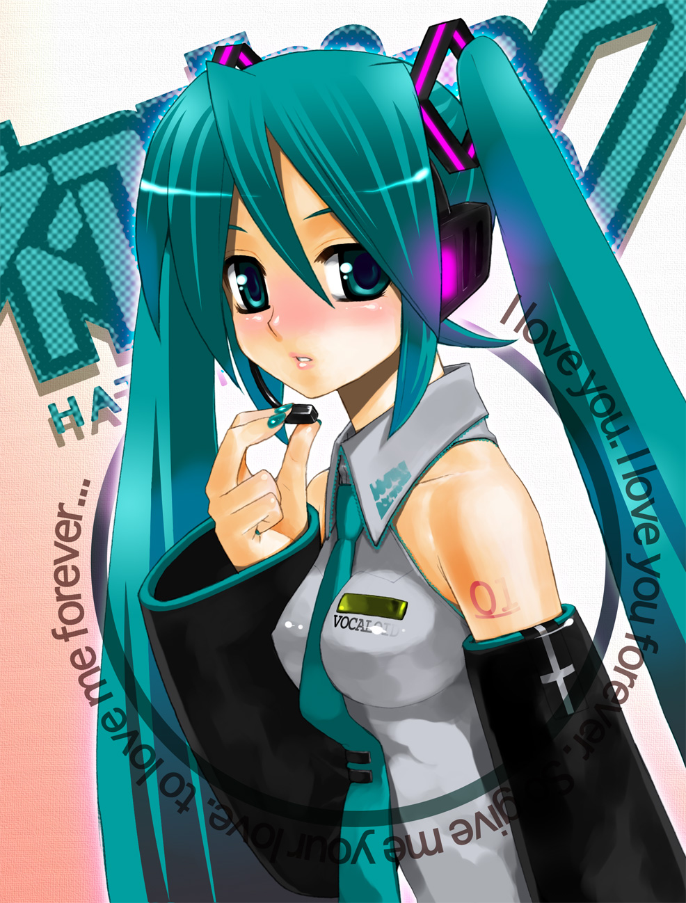 hatsune miku, vocaloid, highres, 1girl, aqua eyes, aqua hair, bare shoulders, blush, breasts, detached sleeves, female focus, headphones, headset, long hair, microphone, necktie, solo, twintails, very long hair