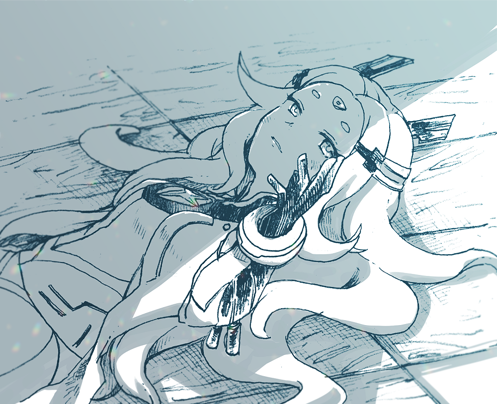 michibata 65, another eden, commentary request, 1girl, blush, breasts, coat, from side, gloves, greyscale, hair ornament, hand up, hatching (texture), levia (another eden), linear hatching, long hair, long sleeves, looking at viewer, looking to the side, lying, monochrome, on back, on floor, open clothes, open coat, parted bangs, parted lips, reaching, reaching towards viewer, short eyebrows, sideways glance, small breasts, solo, thick eyebrows, upper body, wooden floor