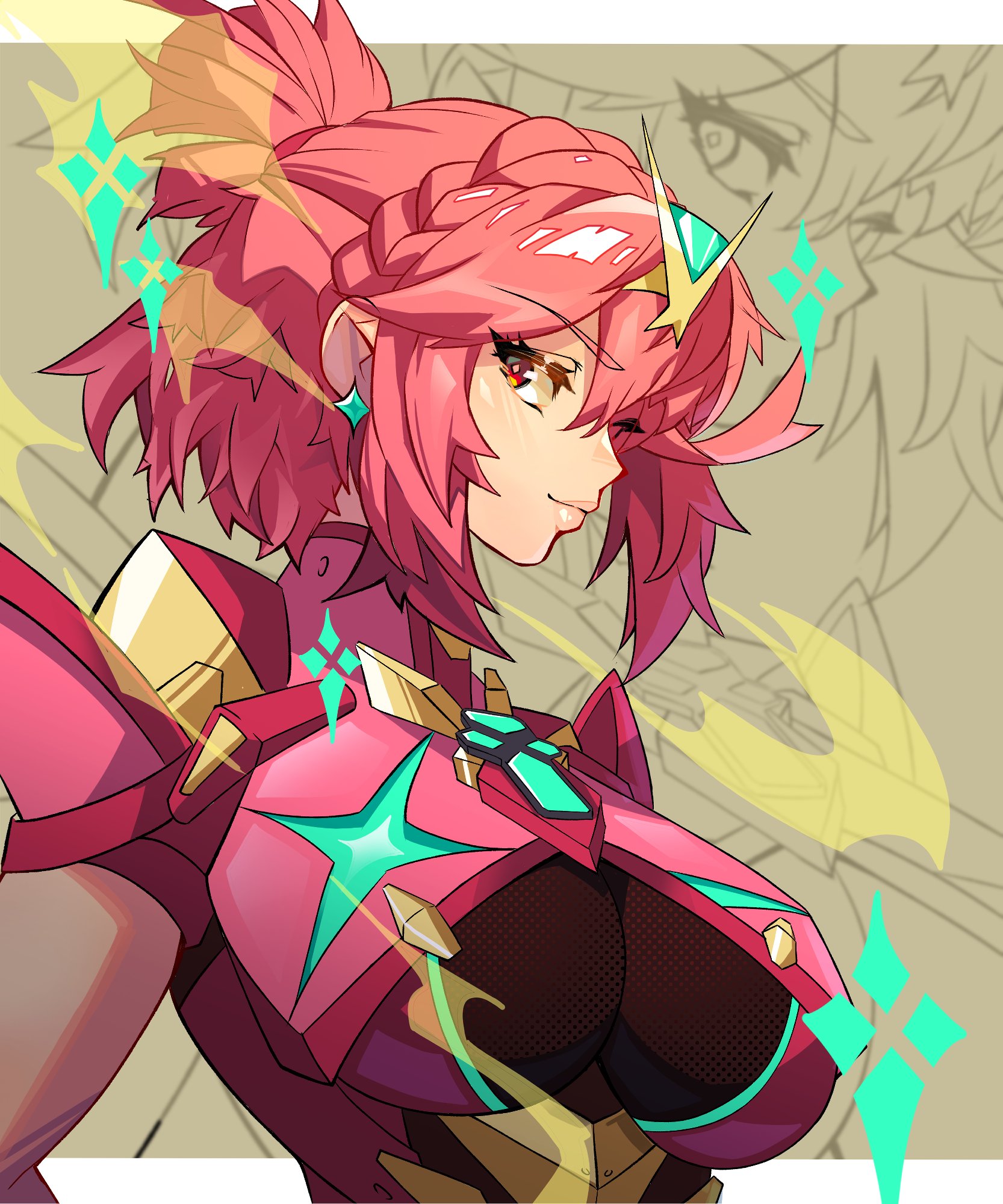 pimozzarella, pyra (xenoblade), xenoblade chronicles (series), xenoblade chronicles 2, highres, 1girl, armor, border, braid, breasts, brown background, chest jewel, closed mouth, crown braid, earrings, hair between eyes, hair tie, jewelry, large breasts, light smile, looking at viewer, pink hair, ponytail, red eyes, short hair, short ponytail, shoulder armor, solo, tiara, upper body, white border