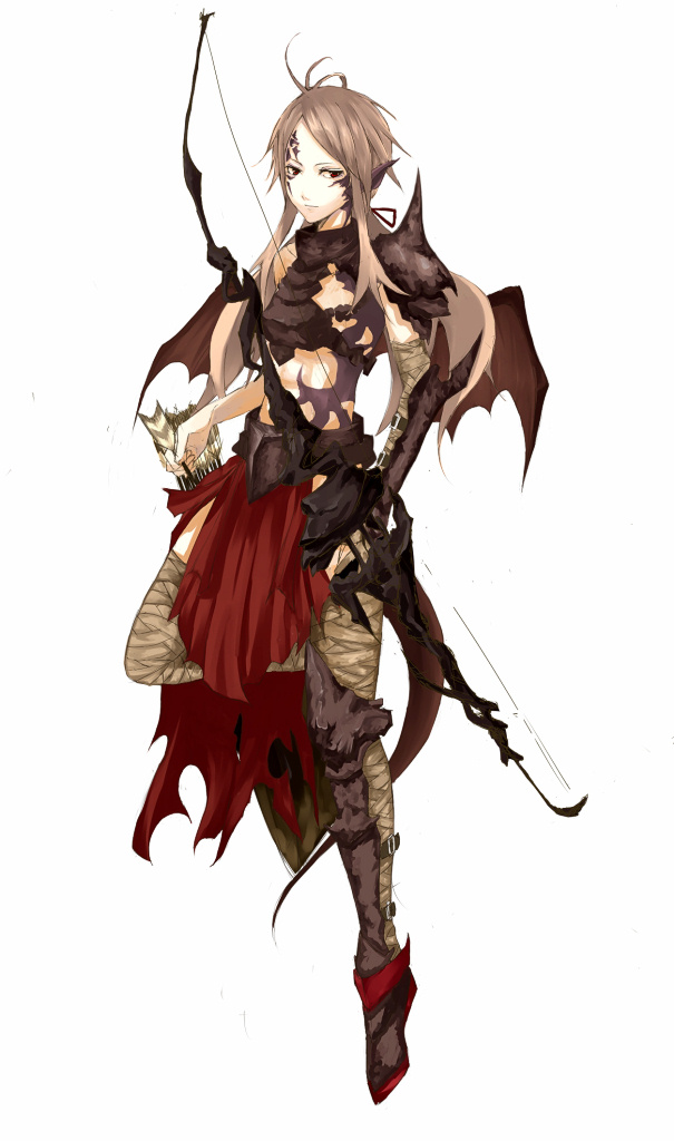 lororo, original, pixiv fantasia, pixiv fantasia 1, silver hair, 1girl, armor, arrow (projectile), bandages, bow (weapon), dragon girl, facial mark, female focus, hair ribbon, long hair, pointy ears, ponytail, red eyes, ribbon, simple background, solo, tattoo, thighhighs, weapon, wings