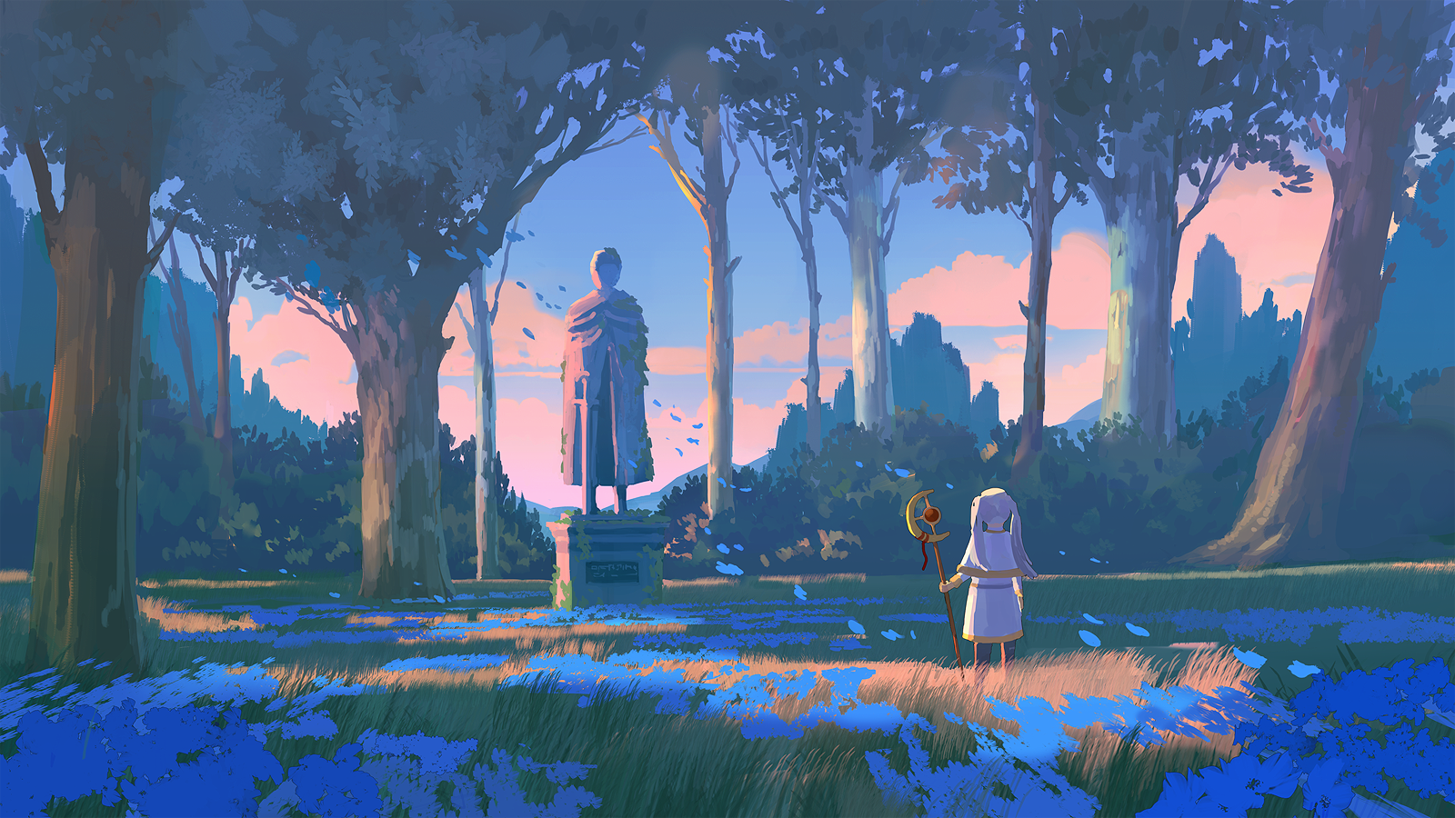 denis istomin, frieren, himmel (sousou no frieren), sousou no frieren, commentary, highres, 1girl, arms at sides, blue flower, blue sky, capelet, cloud, evening, field, flower, flower field, from behind, grass, grey hair, holding, holding staff, long hair, mage staff, nature, outdoors, scenery, skirt, sky, solo, staff, standing, statue, sunlight, tree, twintails, white capelet, white skirt, wide shot