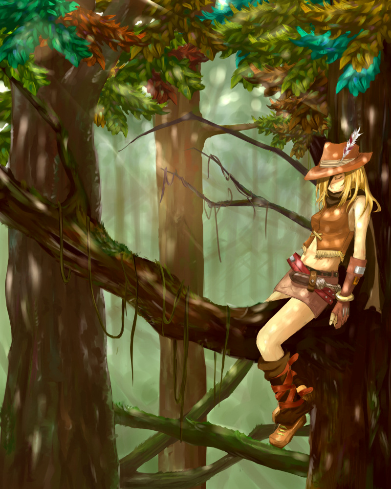 lororo, ranger, ranger (sekaiju), ranger 4 (sekaiju), atlus, etrian odyssey, bad id, bad pixiv id, 1girl, belt, blonde hair, boots, cape, closed eyes, dappled sunlight, feathers, female focus, gloves, hair over one eye, hat, in tree, knife, miniskirt, sitting, sitting in tree, skirt, sleeping, solo, sunlight, tree