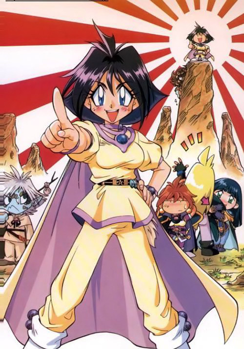 araizumi rui, amelia wil tesla seyruun, gourry gabriev, lina inverse, philionel el di seyruun, sylphiel nels lahda, zelgadiss graywords, slayers, uniform, duplicate, 1990s (style), 3boys, 3girls, :d, belt, black hair, blue eyes, blush, brooch, jewelry, long sleeves, looking at viewer, mountain, multiple boys, multiple girls, open mouth, pointing, pointing at viewer, retro artstyle, short hair, smile, sun, sunburst, sunlight