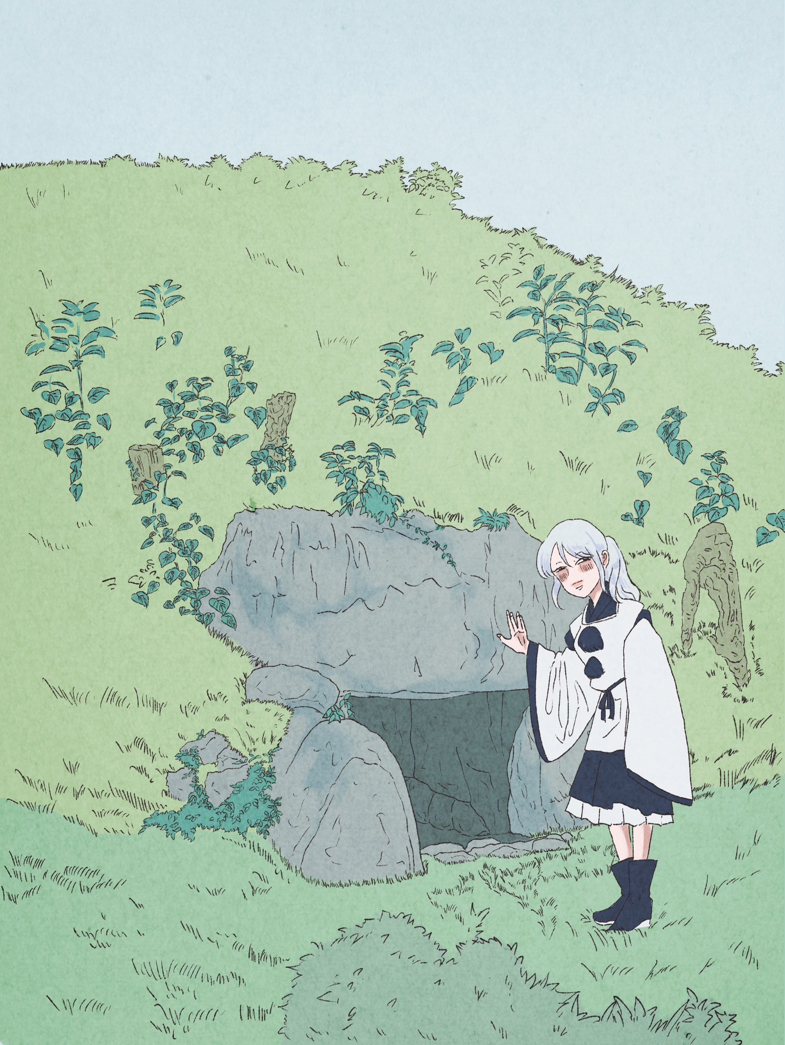 mononobe no futo, touhou, commentary request, highres, 1girl, black boots, black eyes, black skirt, blue sky, blush, boots, clear sky, closed mouth, full body, grass, grey hair, japanese clothes, kariginu, kofun (tumulus), long hair, no headwear, osushi daisuki, outdoors, pom pom (clothes), ponytail, robe, rock, skirt, sky, solo, standing, white robe