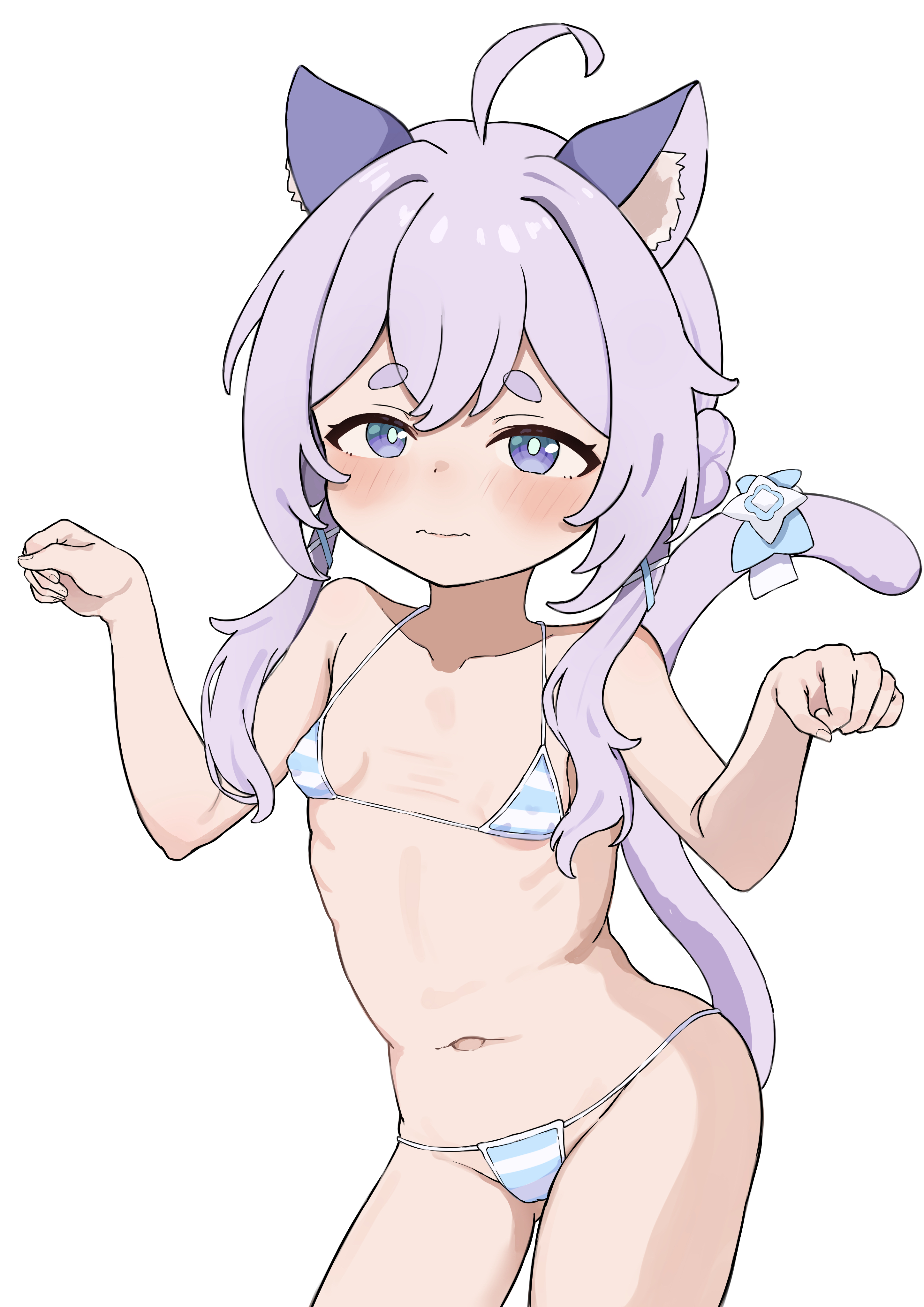 yuzumitu zatou, maimai (game), absurdres, highres, 1girl, :3, ahoge, animal ears, bare shoulders, bikini, blue eyes, blush, bow, breasts, cat ears, cat girl, cat tail, closed mouth, hair bow, long hair, looking at viewer, micro bikini, navel, paw pose, purple hair, salt (maimai), small breasts, solo, striped background, striped bikini, striped clothes, swimsuit, tail, tail raised, white background