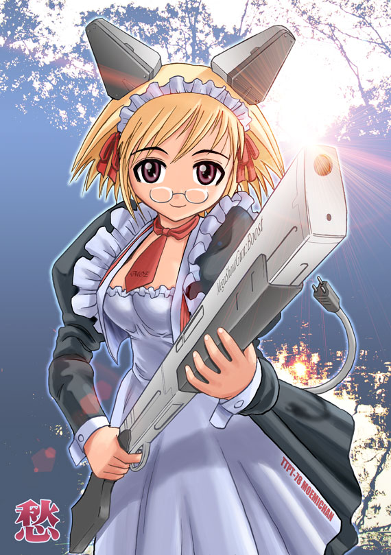 shu, blonde hair, combat maid, glasses, gun, hairband, maid, necktie, purple eyes, rifle, short hair, solo, weapon
