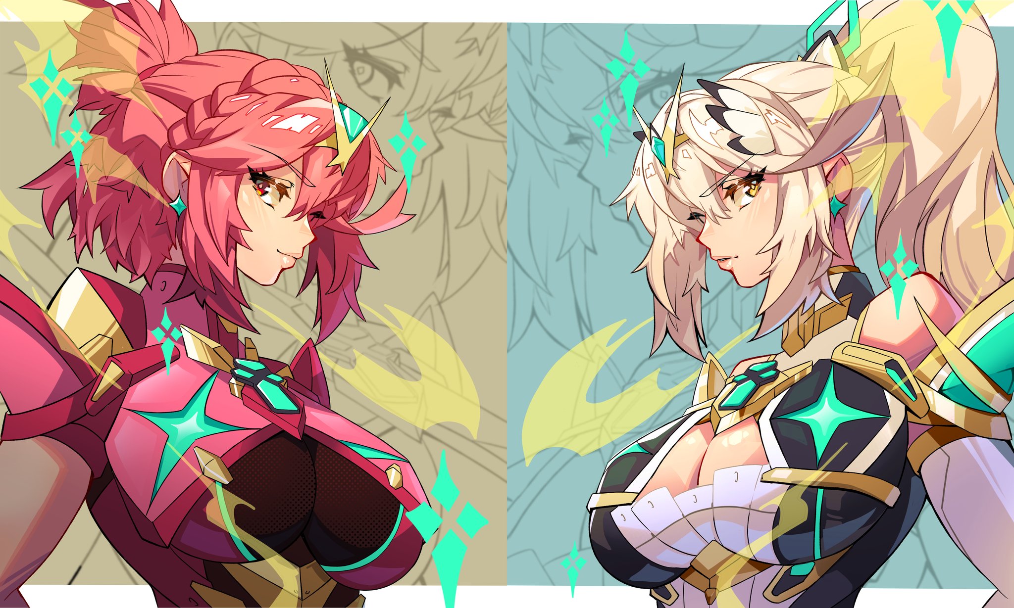 pimozzarella, mythra (xenoblade), pyra (xenoblade), xenoblade chronicles (series), xenoblade chronicles 2, highres, 2girls, armor, bare shoulders, blonde hair, border, braid, breasts, brown background, chest jewel, cleavage, closed mouth, crown braid, earrings, elbow gloves, gloves, gold trim, grey background, hair between eyes, hair tie, jewelry, large breasts, light smile, long hair, looking at viewer, multiple girls, parted lips, pink hair, ponytail, red eyes, short hair, short ponytail, shoulder armor, tiara, upper body, white border, white gloves, yellow eyes