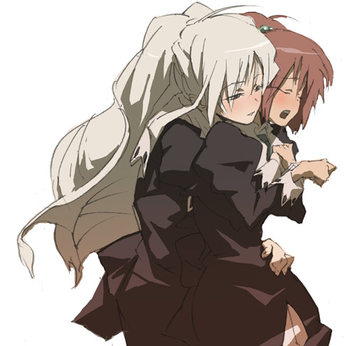aoi nagisa, hanazono shizuma, strawberry panic!, 00s, 2girls, closed eyes, hug, long hair, multiple girls, open mouth, red hair, white hair, yuri