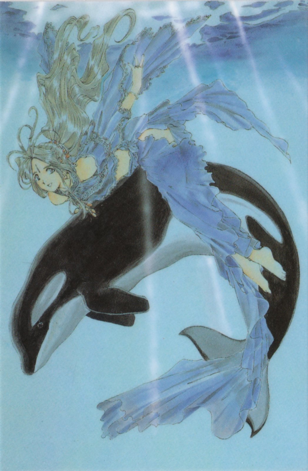 fujishima kousuke, belldandy, aa megami-sama, highres, 1990s (style), 1girl, bracelet, dress, facial mark, female focus, forehead mark, jewelry, retro artstyle, solo, swimming, underwater, whale