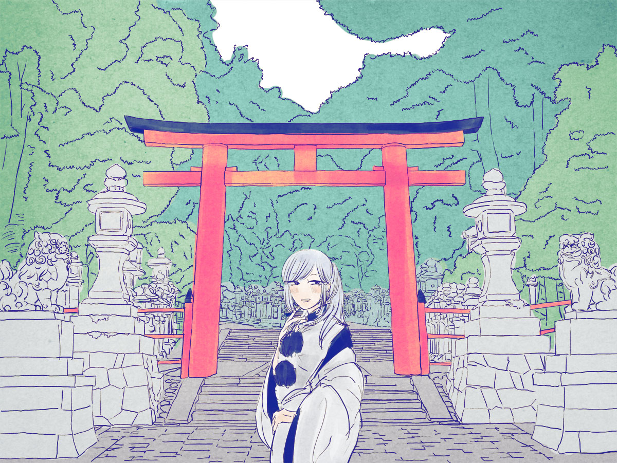 mononobe no futo, touhou, commentary request, 1girl, black eyes, forest, grey hair, grin, japanese clothes, kariginu, komainu, long hair, long sleeves, looking at viewer, nature, no headwear, osushi daisuki, outdoors, pom pom (clothes), ponytail, robe, smile, solo, stairs, stone stairs, torii, tree, upper body, white robe, wide sleeves