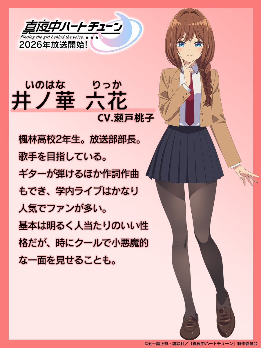 inohana rikka, mayonaka heart tune, highres, official art, translation request, 1girl, black pantyhose, black skirt, blazer, blush, braid, braided ponytail, breasts, brown hair, brown jacket, brown shoes, character profile, closed mouth, collared shirt, dot nose, female focus, full body, hand on own chin, jacket, japanese text, long hair, long sleeves, looking at viewer, miniskirt, necktie, pantyhose, pleated skirt, red necktie, reference sheet, school uniform, shirt, shirt tucked in, shoes, skirt, small breasts, smile, solo, solo focus, white shirt