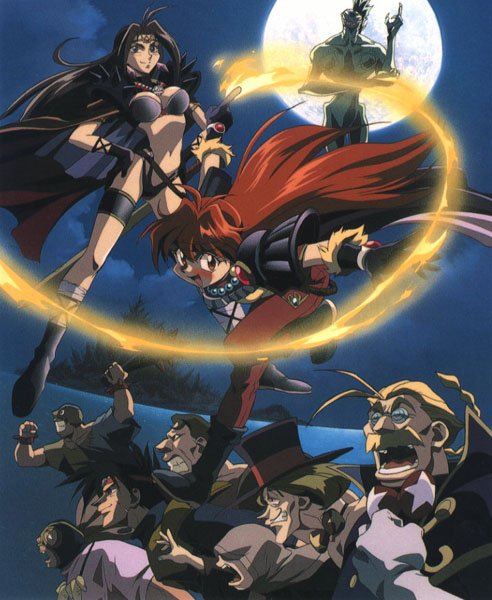 araizumi rui, lina inverse, naga the serpent, slayers, 1990s (style), 2girls, boots, fire, knee boots, moon, multiple girls, retro artstyle, revealing clothes