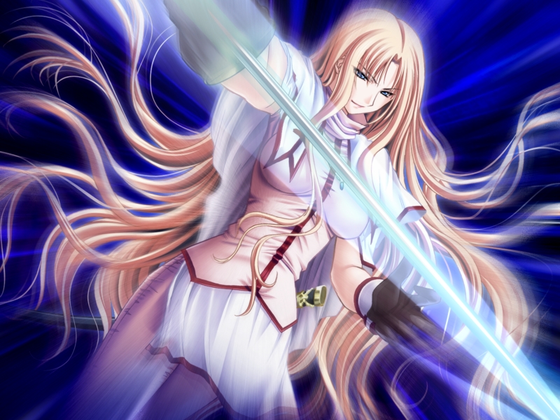 ueda metawo, justine emma genevieve delacroix, gun-katana, gun katana, game cg, 1girl, blonde hair, blue eyes, dutch angle, female focus, gloves, glowing, long hair, motion blur, sheath, smile, solo, sword, uncensored, very long hair, weapon