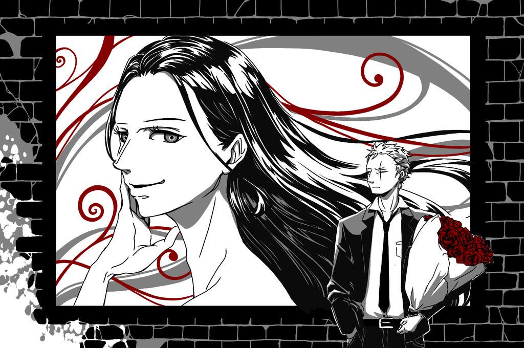 nikoban, nico robin, roronoa zoro, one piece, commentary request, 1boy, 1girl, bouquet, closed mouth, earrings, eyelashes, flower, formal clothes, greyscale, holding, holding bouquet, jewelry, long hair, monochrome, necktie, scar, scar across eye, scar on face, short hair, smile, spot color, suit