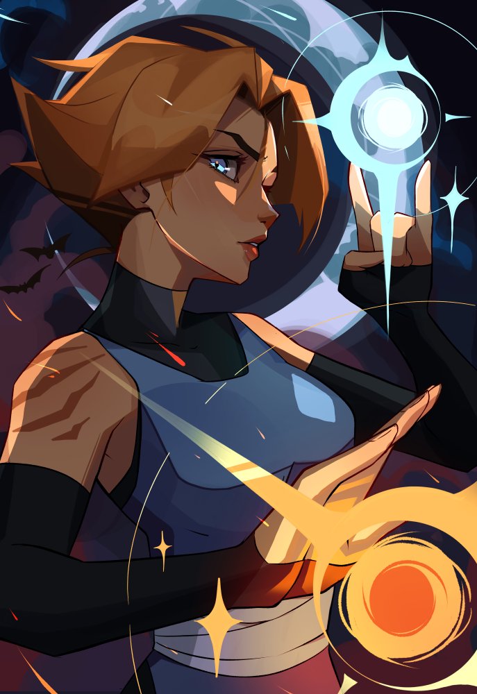 pimozzarella, sypha belnades, castlevania (netflix), castlevania (series), 1girl, bandaged stomach, bare shoulders, bat (animal), black sleeves, blue eyes, blue robe, breasts, crescent moon, detached sleeves, flaming hand, hair between eyes, medium breasts, moon, orange hair, parted bangs, parted lips, robe, scar, scar on shoulder, short hair, solo, sparkle, turtleneck, upper body