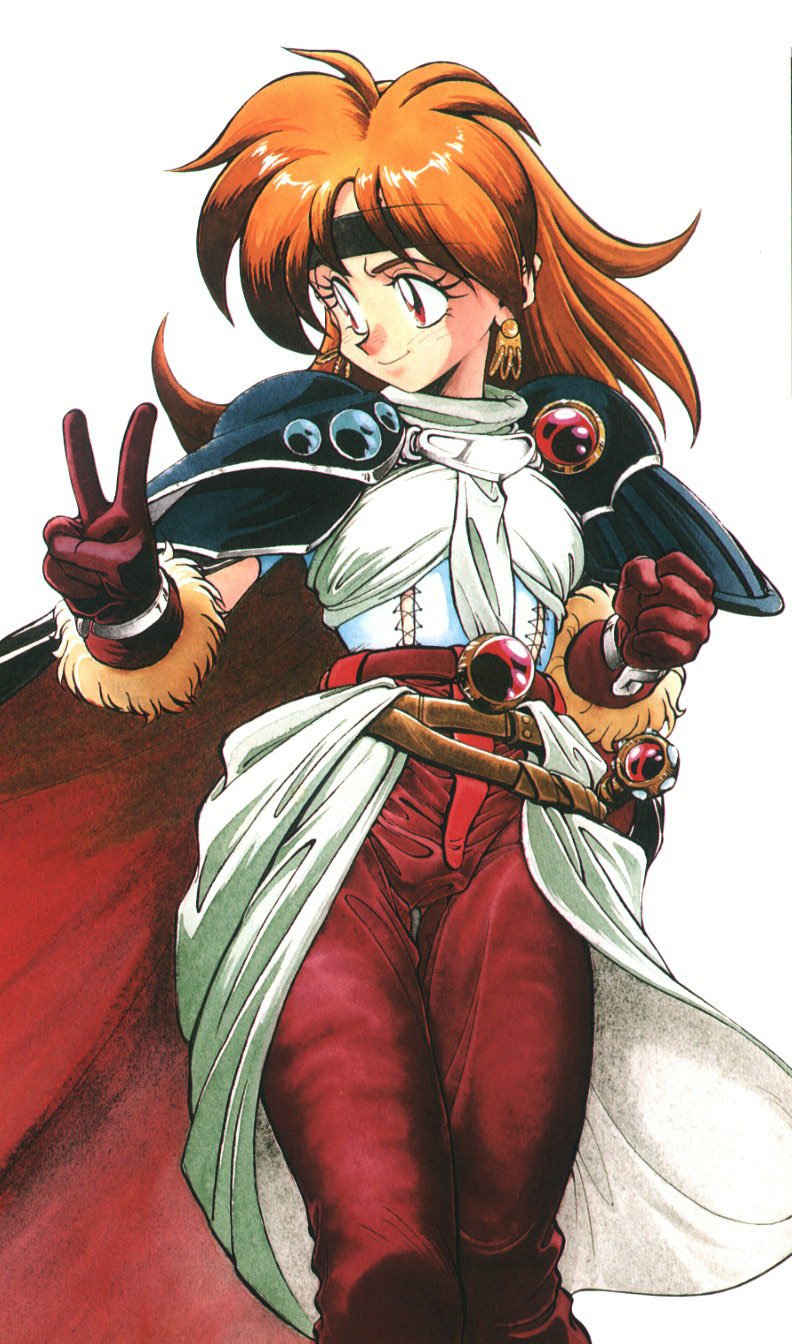 araizumi rui, lina inverse, slayers, highres, 1990s (style), 1girl, armor, cape, earrings, female focus, gloves, headband, jewelry, orange hair, pauldrons, retro artstyle, shoulder armor, solo, sword, v, weapon