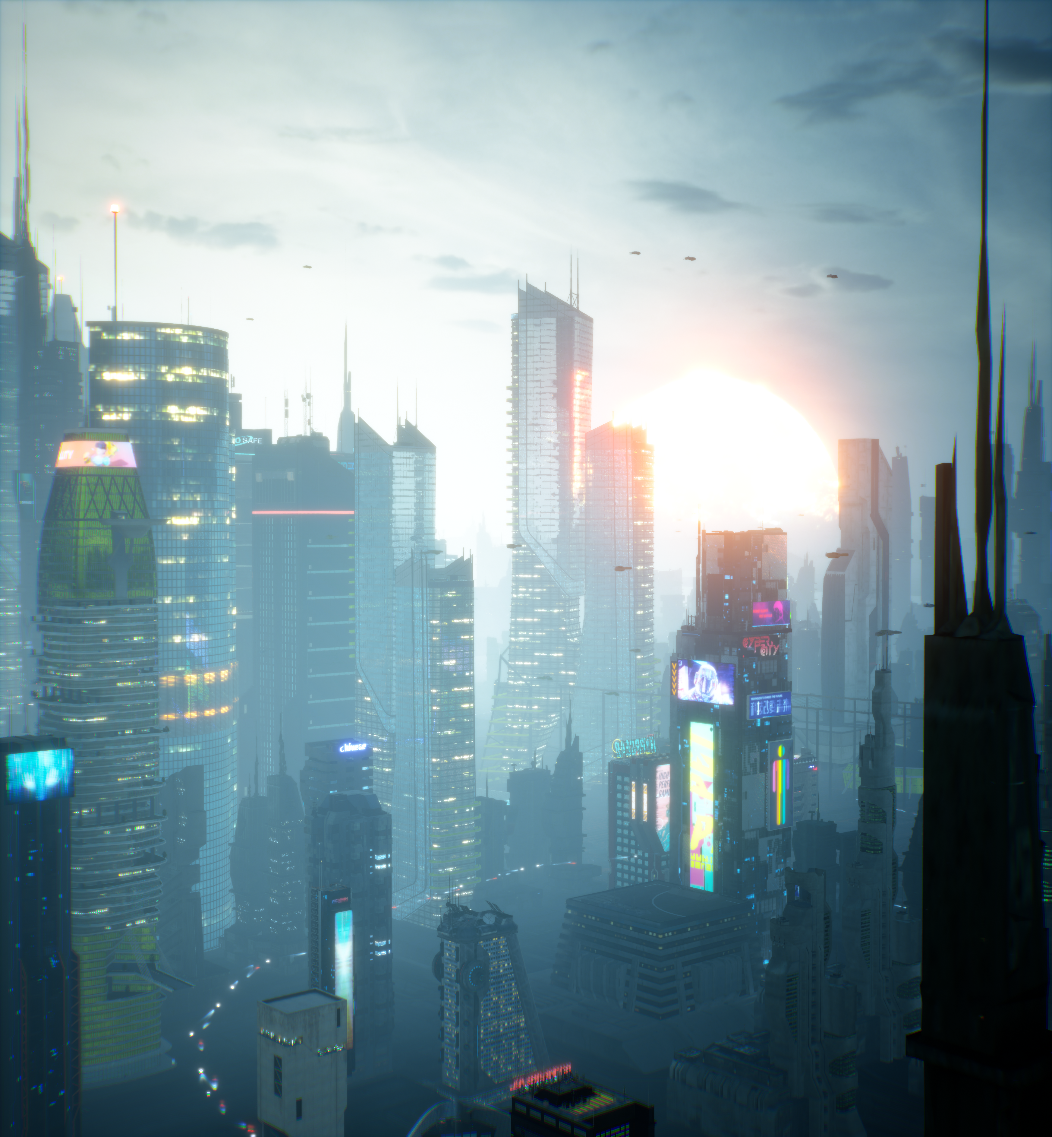 original, absurdres, commentary request, highres, 3d, building, city, city lights, cityscape, cloud, cloudy sky, motoshi (nzxg7878), no humans, outdoors, photorealistic, realistic, scenery, science fiction, sky, skyline, skyscraper, sun, sunset
