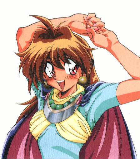 araizumi rui, lina inverse, slayers, 1990s (style), 1girl, :d, blush, brown eyes, brown hair, collar, earrings, female focus, jewelry, necklace, open mouth, pearl necklace, retro artstyle, short sleeves, simple background, smile, solo, stretching, white background