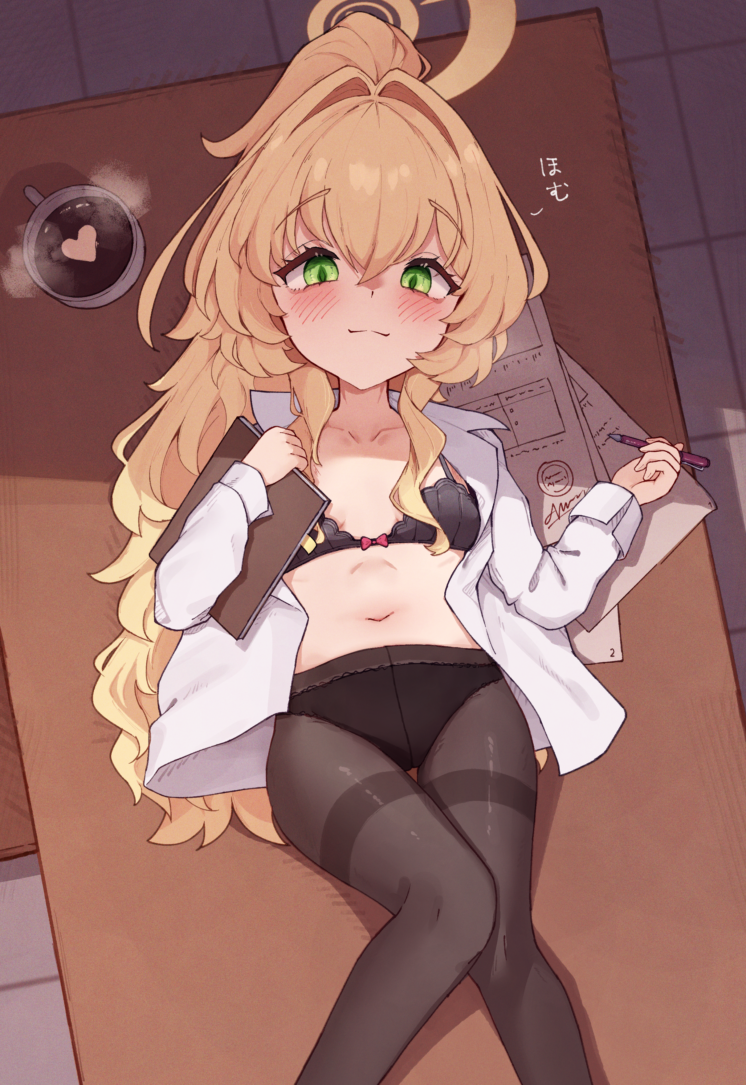 hrnt, professor niyaniya (blue archive), blue archive, absurdres, highres, 1girl, ahoge, black bra, black panties, black pantyhose, blonde hair, blush, bra, breasts, closed mouth, collarbone, green eyes, long hair, looking at viewer, navel, open clothes, open shirt, panties, pantyhose, ponytail, shirt, sitting, small breasts, solo, thighband pantyhose, underwear, very long hair