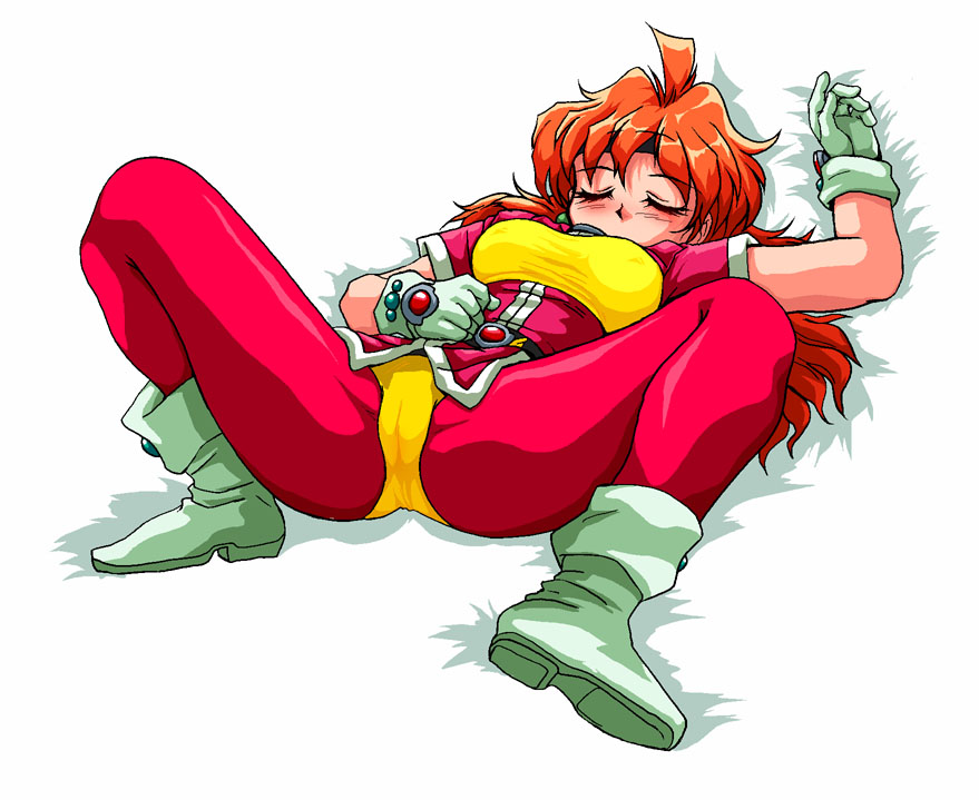 eyeball (artist), lina inverse, slayers, 1girl, arm up, bed, belt, blush, boots, cameltoe, closed eyes, curvy, earrings, female focus, full body, gloves, headband, jewelry, leggings, long hair, lying, on back, orange hair, pussy, red hair, shiny clothes, simple background, skin tight, sleeping, solo, spread legs