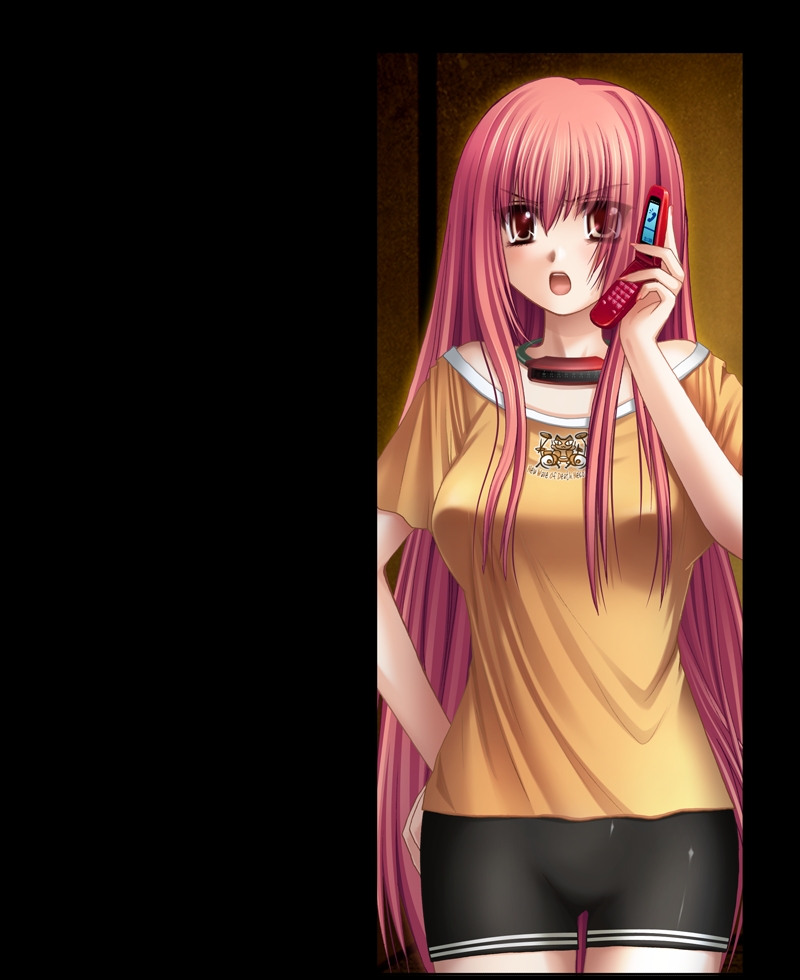 ueda metawo, tokiwara himena, gun-katana, gun katana, 1girl, angry, bike shorts, breasts, cellphone, choker, female focus, hand on own hip, hip focus, large breasts, long hair, open mouth, phone, pink eyes, pink hair, solo, talking on phone, thigh gap, thighs, very long hair