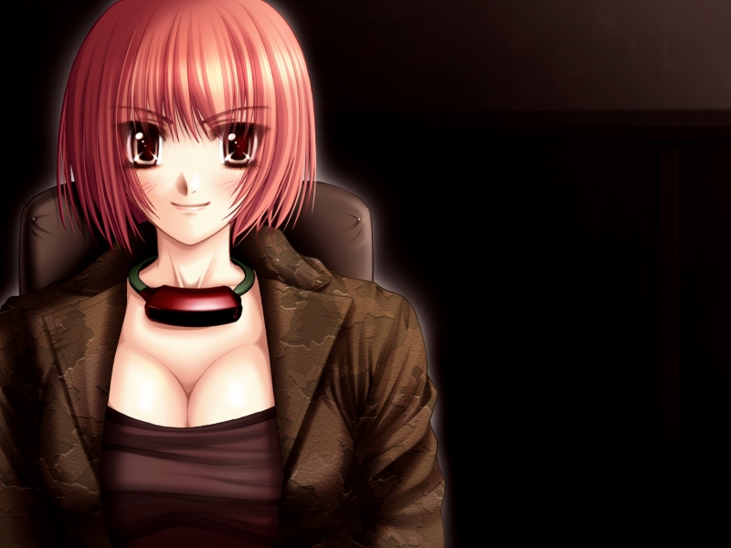 ueda metawo, tokiwara himena, gun-katana, gun katana, game cg, 1girl, blush, breasts, brown eyes, camouflage, choker, cleavage, female focus, jacket, large breasts, pink hair, short hair, smile, solo