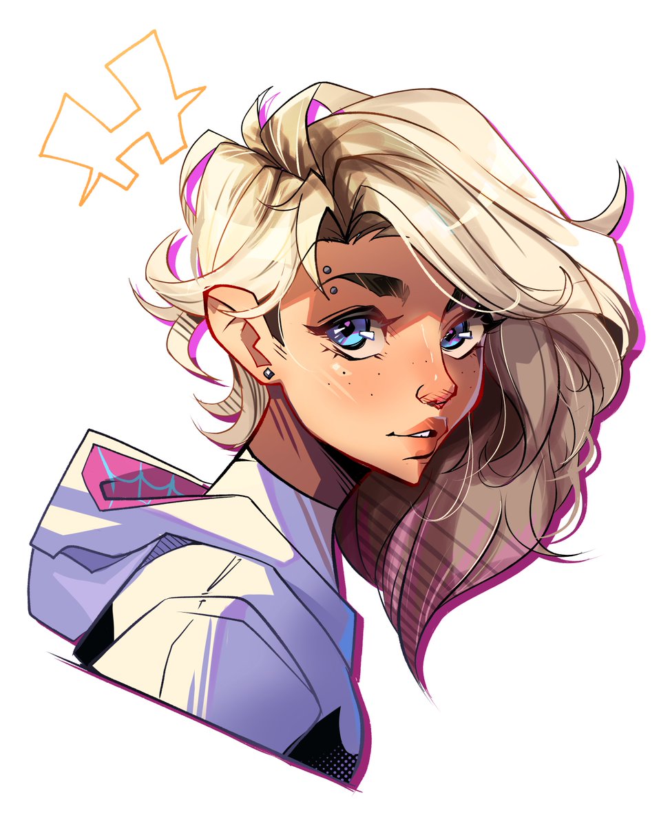pimozzarella, gwen stacy, spider-gwen, marvel, spider-man: into the spider-verse, spider-man (series), spider-verse, highres, 1girl, asymmetrical hair, blonde hair, blue eyes, bodysuit, cropped torso, earrings, eyebrow piercing, face piercing, freckles, hood, hood down, hooded bodysuit, jewelry, medium hair, parted bangs, parted lips, piercing, portrait, solo, stud earrings, superhero costume, swept bangs, white background