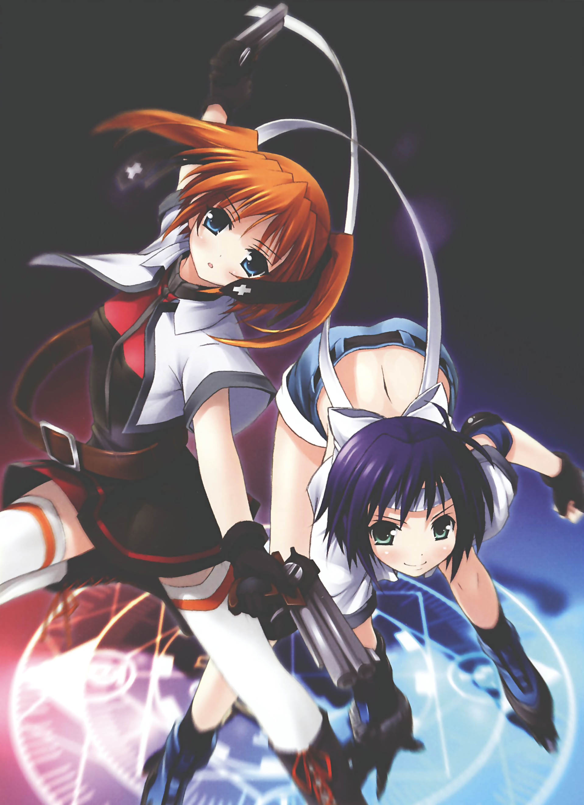 revolver knuckle, subaru nakajima, teana lanster, lyrical nanoha, mahou shoujo lyrical nanoha, mahou shoujo lyrical nanoha strikers, absurdres, highres, 00s, 2girls, magic circle, multiple girls, thighhighs