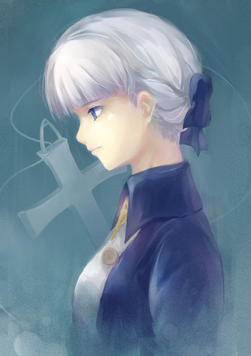 bla (artist), alice elliot, shadow hearts, silver hair, 1girl, blue eyes, bow, cross, faux traditional media, female focus, hair bow, jewelry, necklace, profile, shadow heart, short hair, solo, speed painting