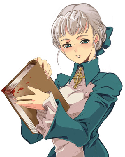 alice elliot, shadow hearts, silver hair, artist request, 1girl, blood, blood splatter, blue bow, blue dress, blue eyes, blush, book, bow, breasts, closed mouth, collar, cross, dress, facing viewer, female focus, frilled dress, frilled sleeves, frills, hair bow, hair bun, hair ornament, hair ribbon, hair tie, hands up, happy, holding, holding book, long sleeves, looking at viewer, medium breasts, multicolored dress, ribbon, simple background, smile, solo, white background