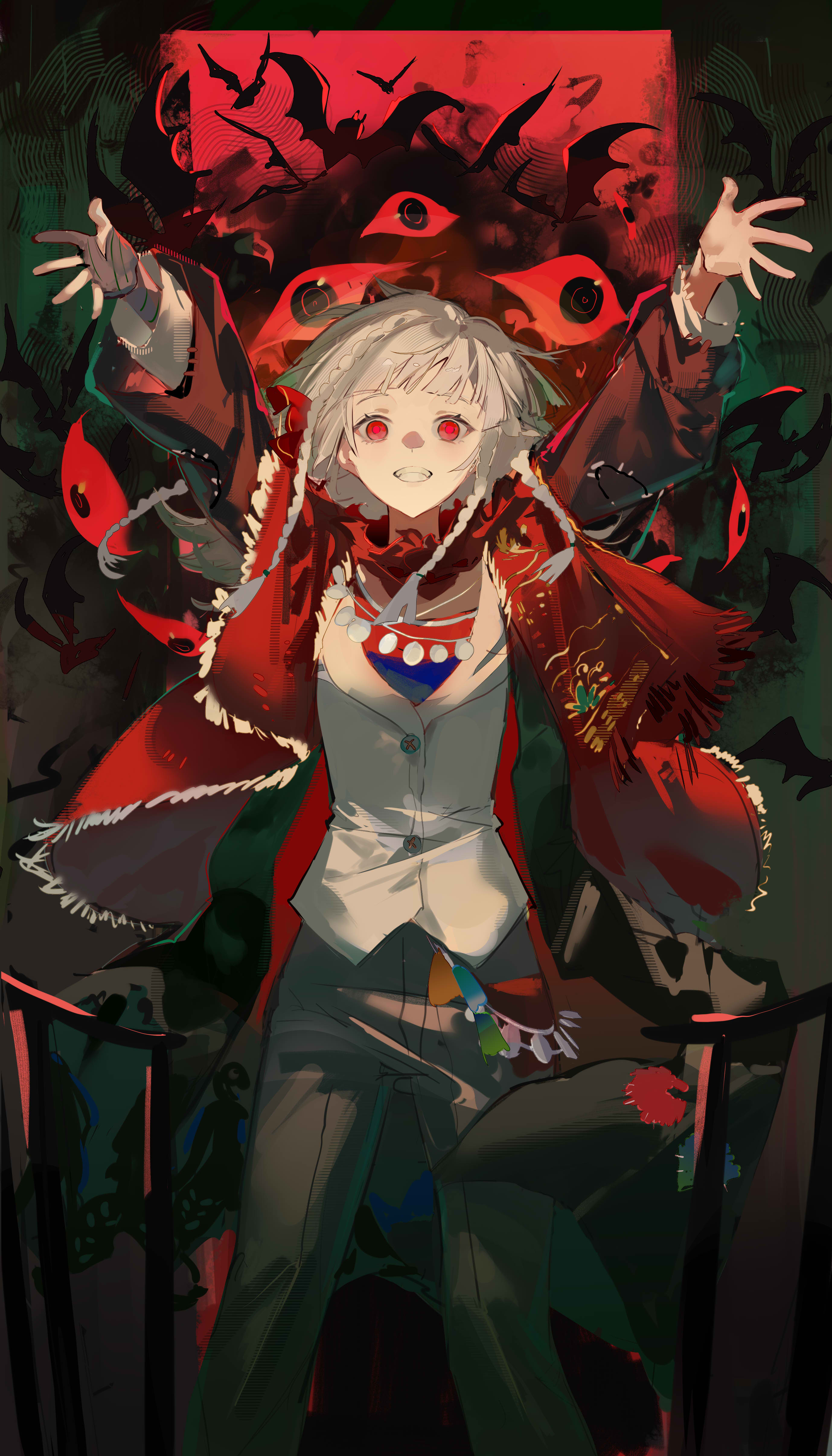 meiyou lizhi, rubuska, reverse:1999, absurdres, highres, 1girl, arms up, black coat, black gloves, black pants, coat, dark background, eye symbol, feet out of frame, fingerless gloves, gloves, grey hair, grin, hands up, jacket, legs apart, long hair, looking at viewer, open clothes, open coat, pants, quad braids, red eyes, red scarf, scarf, single glove, smile, solo, standing, teeth, white jacket