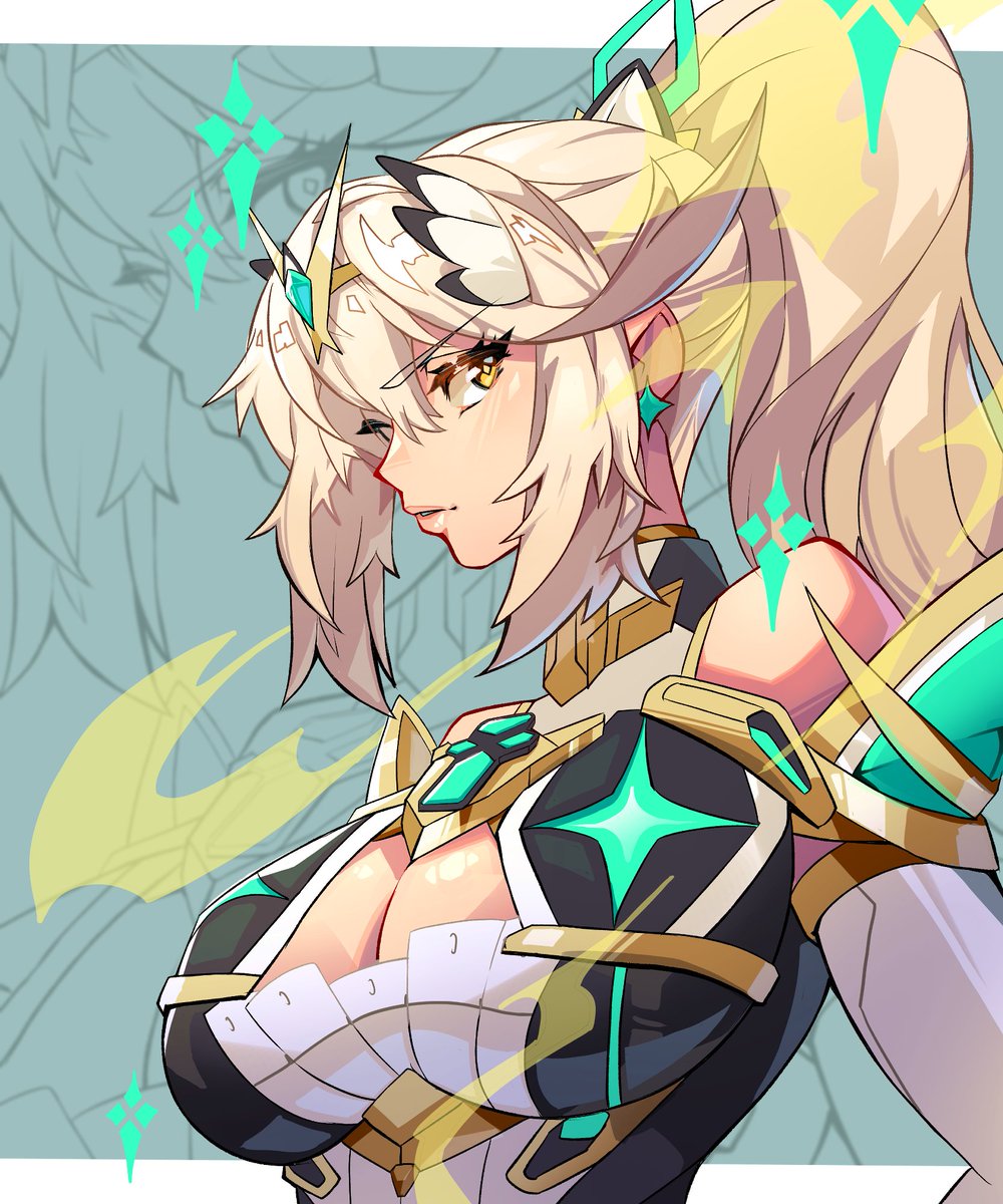 pimozzarella, mythra (xenoblade), xenoblade chronicles (series), xenoblade chronicles 2, highres, 1girl, bare shoulders, blonde hair, border, breasts, chest jewel, cleavage, earrings, elbow gloves, gloves, gold trim, grey background, hair between eyes, hair tie, jewelry, large breasts, long hair, looking at viewer, parted lips, ponytail, solo, tiara, white border, white gloves, yellow eyes