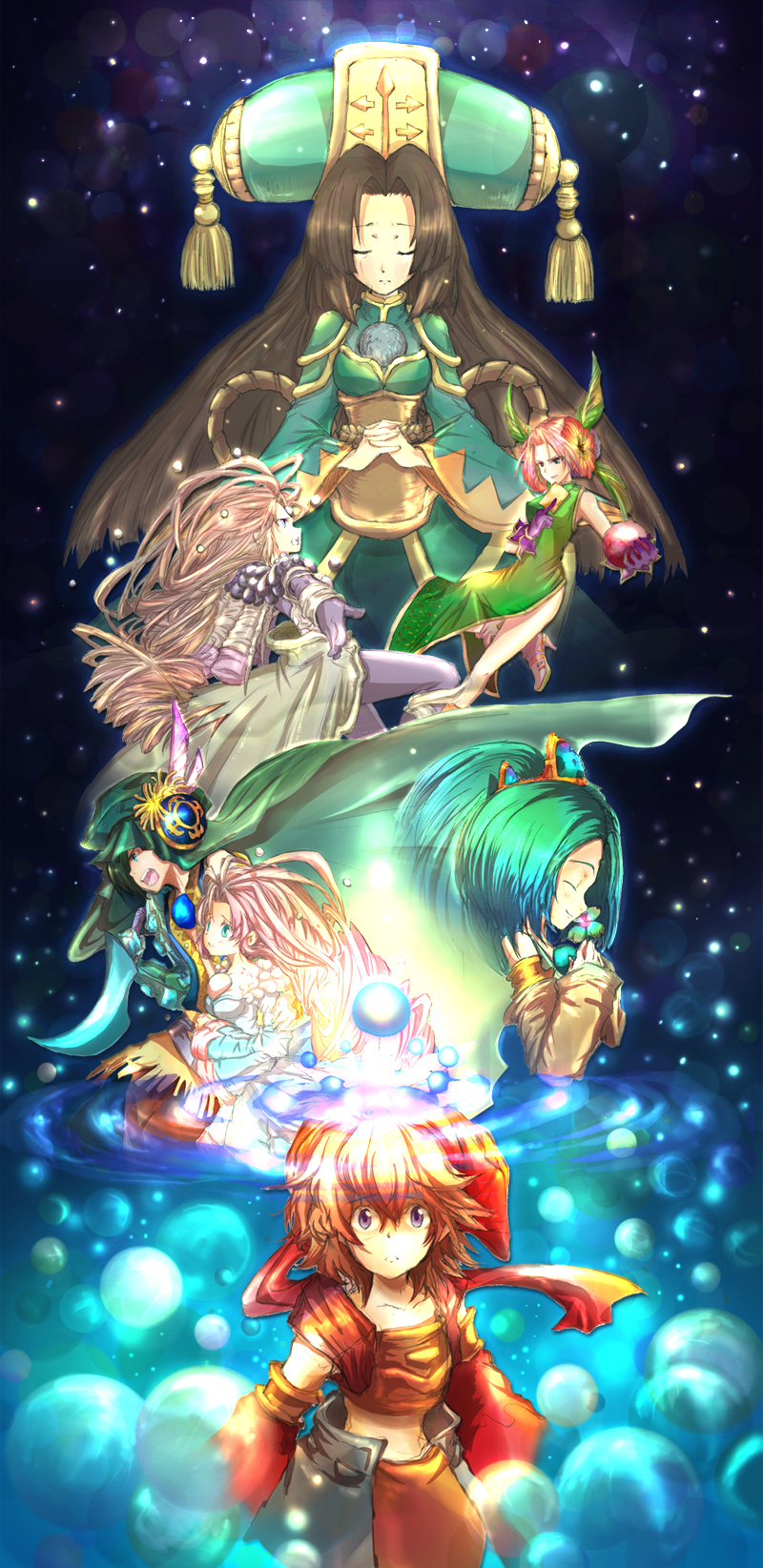 baku (bakunooekaki), toto, elazul, esmeralda (lom), florina (lom), lady pearl, sandra (lom), toto (lom), legend of mana, seiken densetsu, highres, 2boys, 5girls, card, closed eyes, fairy, flower, hat, holding, holding card, knife, long hair, multiple boys, multiple girls, water
