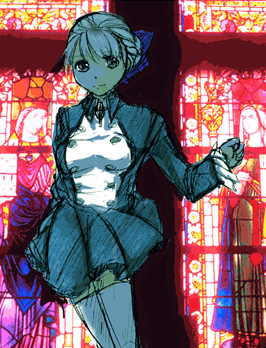 alice elliot, shadow hearts, lowres, 1girl, blonde hair, braid, buttons, coat, double-breasted, female focus, french kiss, indoors, kiss, long sleeves, looking at viewer, short hair, solo, stained glass, standing, thighhighs, white thighhighs, zettai ryouiki