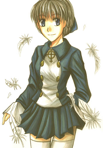 alice elliot, shadow hearts, french braid, lowres, 1girl, blue dress, braid, brown eyes, brown hair, buttons, collarbone, double-breasted, dress, female focus, long sleeves, looking at viewer, short hair, solo, standing, thighhighs, white thighhighs, zettai ryouiki