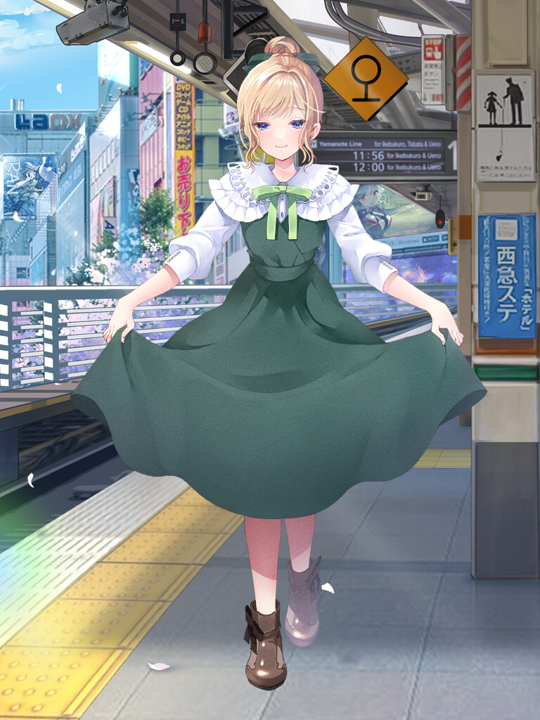 dairoku ryouhei, 1girl, blonde hair, blue eyes, brown shoes, curtsey, dress, full body, green dress, green ribbon, long sleeves, marie hemethos, nanano (tw), ribbon, shoes, smile, train station platform