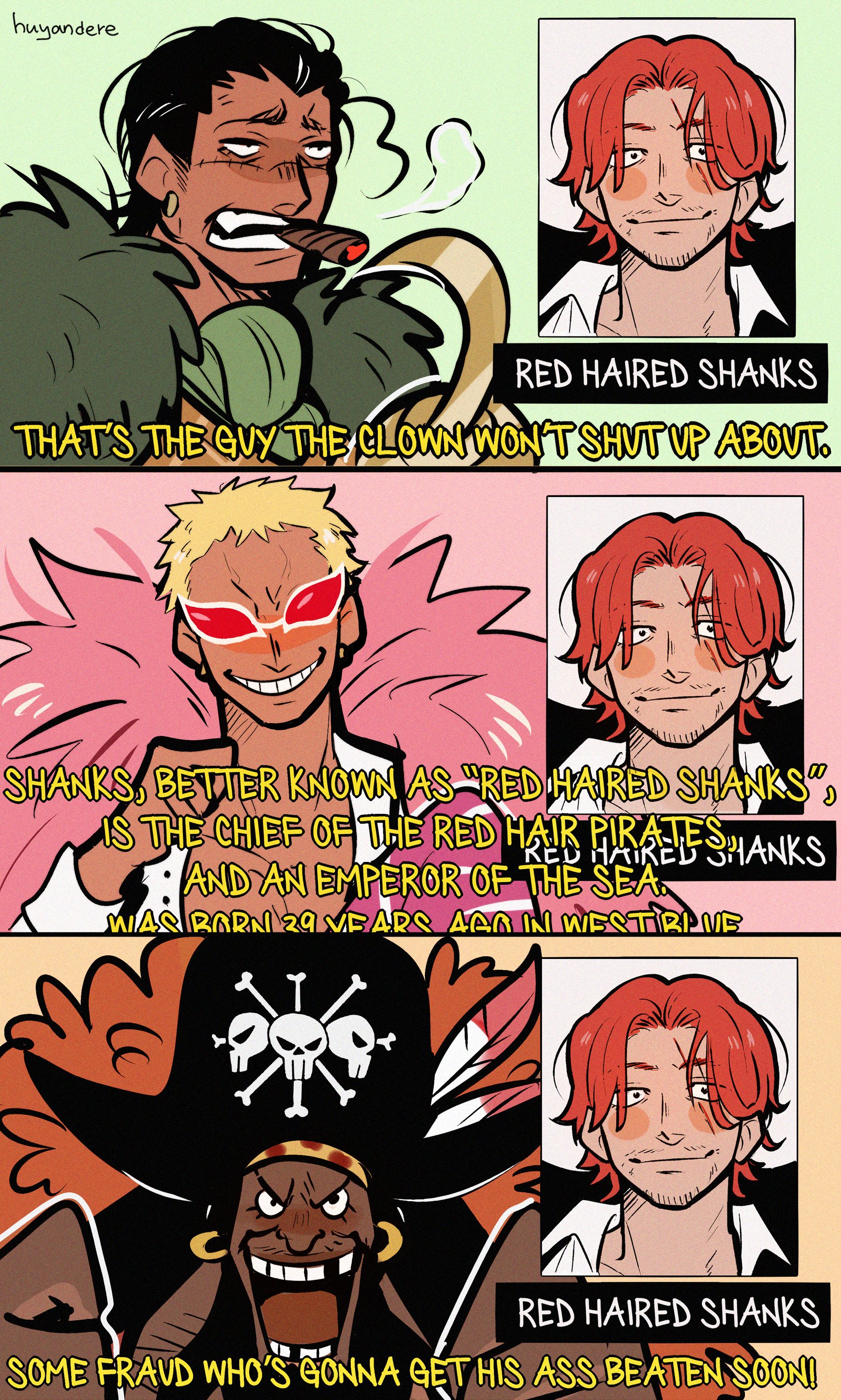 huyandere, crocodile (one piece), donquixote doflamingo, marshall d. teach, shanks (one piece), one piece, absurdres, commentary, english commentary, highres, 3boys, artist name, ascot, black hair, blonde hair, cigar, earrings, english text, feather cape, green ascot, hair slicked back, hat, hook hand, jewelry, missing tooth, multiple boys, pirate hat, red hair, shirt, short hair, smoke, stitched face, stitches, sunglasses, white shirt
