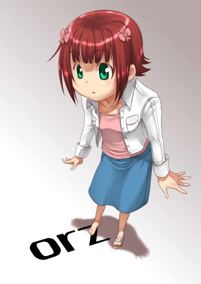 ttomm, amami haruka, idolmaster, idolmaster (classic), idolmaster 1, 00s, 1girl, barefoot, blue skirt, female focus, foreshortening, full body, green eyes, grey background, jacket, long sleeves, looking afar, open clothes, open jacket, red hair, shoes, short hair, simple background, single shoe, skirt, solo, standing