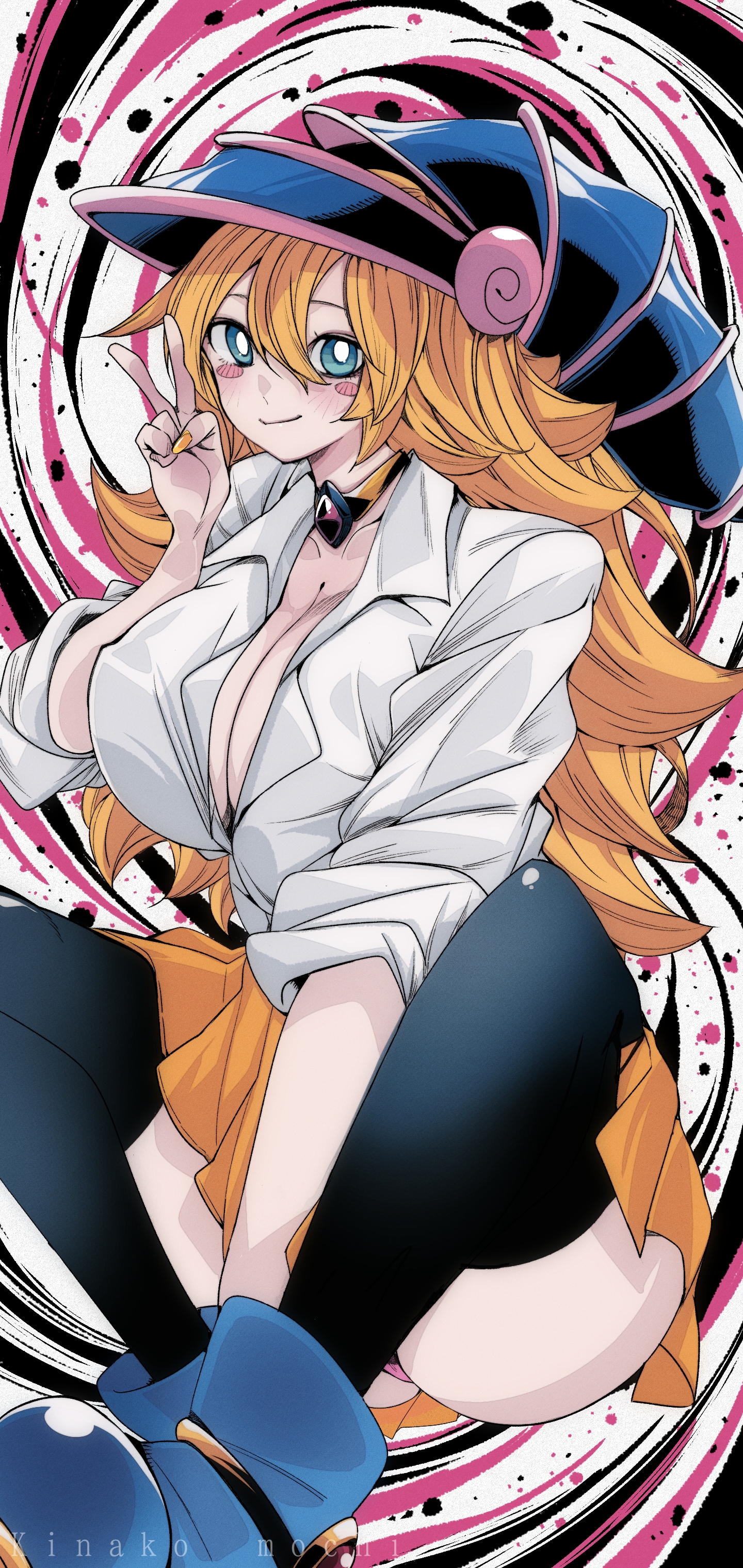 kinakomochi (user vedc2333), dark magician girl, yu-gi-oh!, absurdres, highres, 1girl, artist name, black thighhighs, blonde hair, blouse, blue eyes, breasts, choker, collarbone, duel monster, female focus, hat, large breasts, long hair, peace symbol, shirt, shoes, skirt, smile, thighhighs, thighs, wizard hat