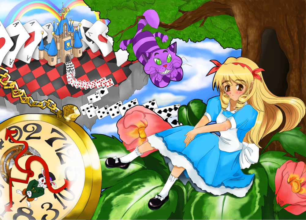 alice (alice in wonderland), cheshire cat (alice in wonderland), white rabbit (alice in wonderland), alice's adventures in wonderland, blonde hair, blush, bow, brown eyes, card, castle, cat, clock, cloud, flower, heart, rainbow, ribbon, sitting, sky, watch