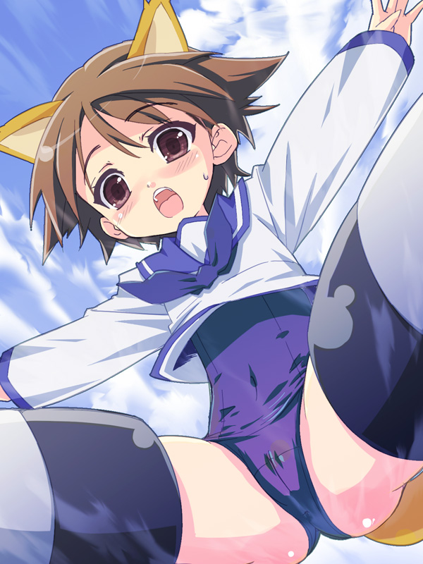 osa (osaosa), miyafuji yoshika, strike witches, world witches series, bad id, bad pixiv id, 00s, 1girl, animal ears, blush, brown eyes, brown hair, day, female focus, no pants, one-piece swimsuit, purple one-piece swimsuit, purple school swimsuit, school swimsuit, school uniform, serafuku, short hair, solo, swimsuit, swimsuit under clothes