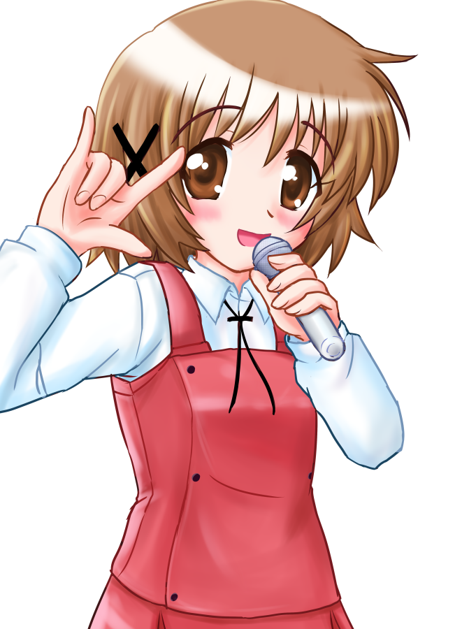 ao (eternalize), aoi (eternalize), yuno (hidamari sketch), hidamari sketch, macross, macross frontier, 1girl, female focus, m/, microphone, parody, school uniform, seikan hikou, serafuku, solo, yamabuki high school uniform