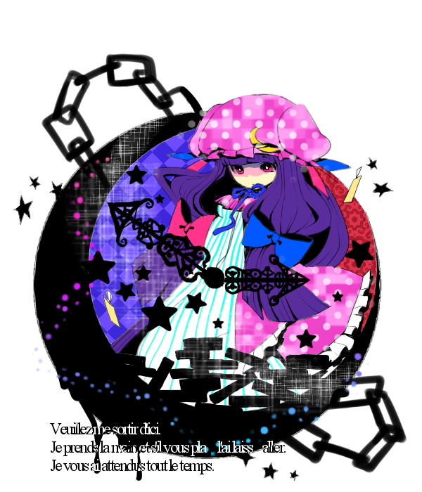 ichihaya, patchouli knowledge, touhou, 1girl, blunt bangs, bow, chain, clock hands, crescent, crescent hat ornament, dress, female focus, french text, hair bow, hat, hat ornament, long hair, mob cap, pink bow, purple hair, ribbon, solo, star (symbol)