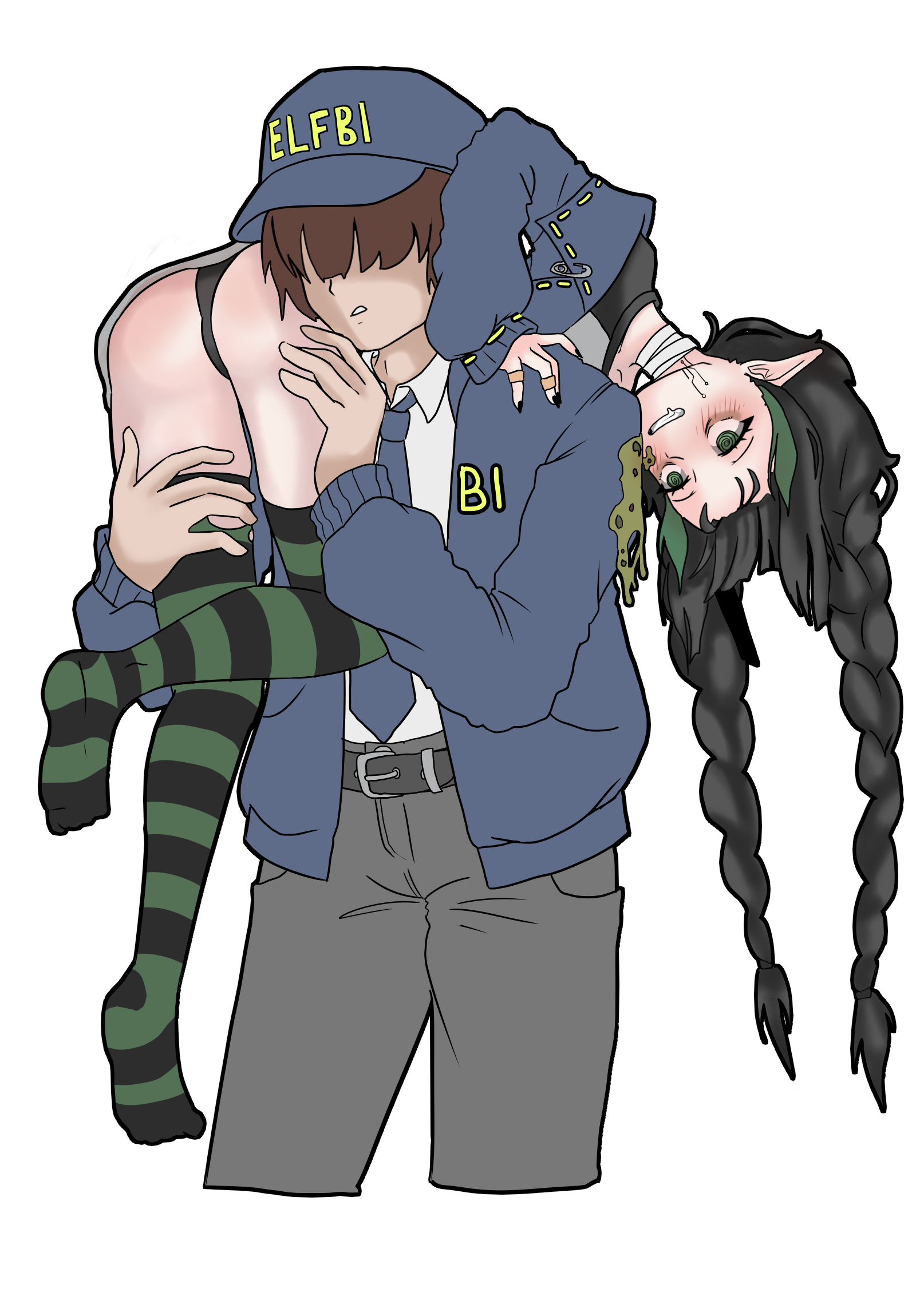 elfinpsyop, indie virtual youtuber, artist request, 1boy, 1girl, 2025, belt, black hair, black panties, blue jacket, blush, braid, carrying, elfpi, english text, jacket, panties, pants, transparent background, twin braids, underwear