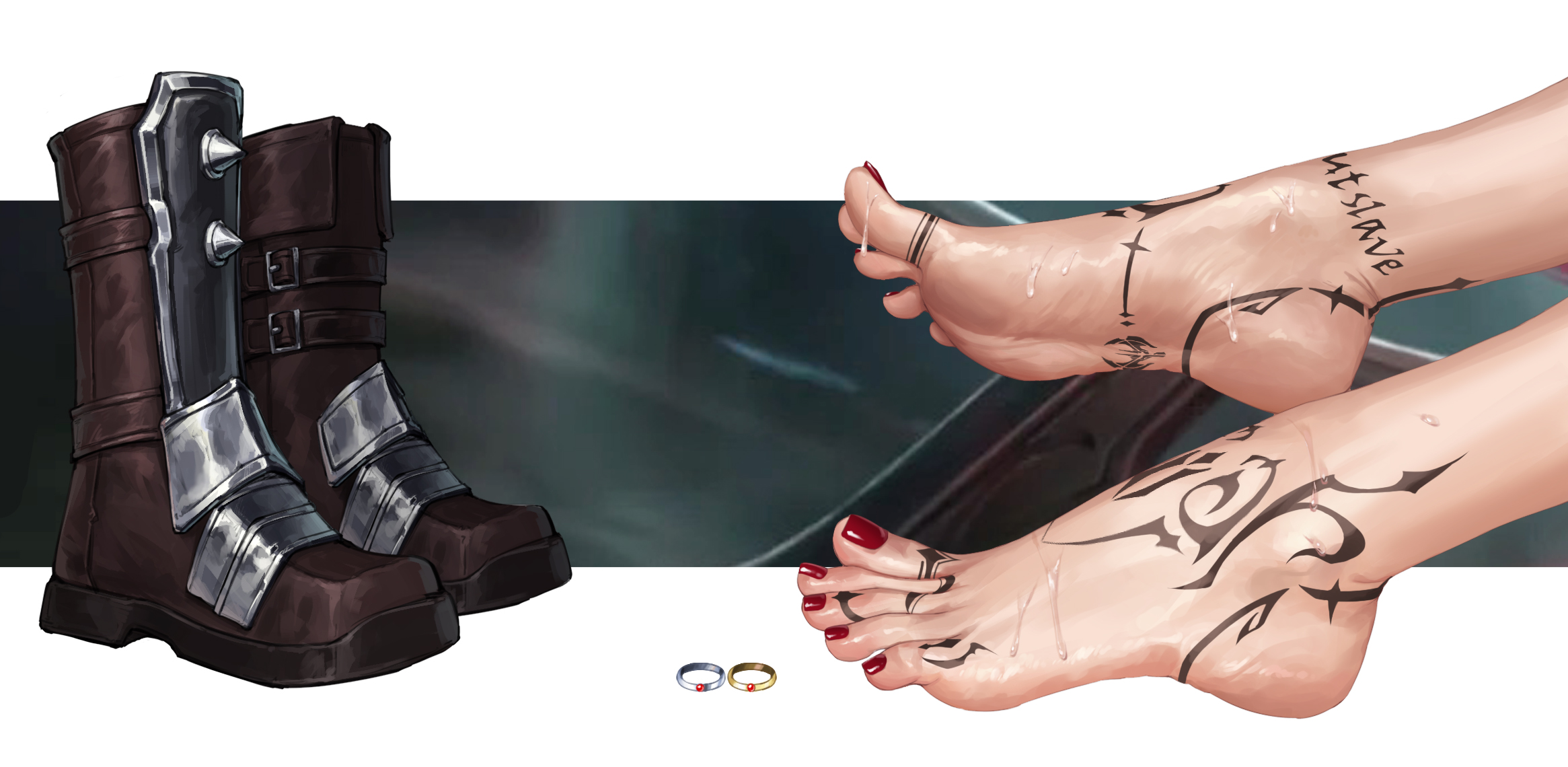 liang mu, brown footwear, highres, 1girl, barefoot, boots, close-up, feet, foot focus, jewelry, nail polish, out of frame, red nails, shoes, soles, solo, sweat, tattoo, toe ring, toenail polish, toenails, toes, unworn boots, unworn shoes