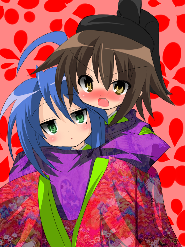 izumi konata, kusakabe misao, lucky star, 00s, blush, fang, hat, japanese clothes